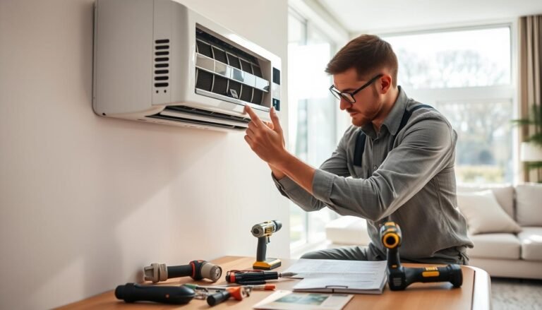 A professional technician in a modest casual outfit is carefully installing a split-type air conditioning system in a modern living room. The foreground features a sleek indoor unit mounted on the wall, with a clear view of the installation process. In the middle, various tools and equipment are neatly arranged, including screwdrivers, a drill, and installation instructions. The technician focuses intently on the connection of pipes and wiring. The background reveals a bright, well-lit room with large windows and contemporary furnishings, creating a warm and inviting atmosphere. Soft natural light floods the space, casting gentle shadows that highlight the meticulous work being done. The image conveys a sense of professionalism and attention to detail in air conditioning installation and maintenance.