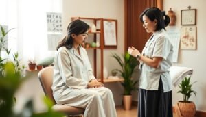 A serene and inviting traditional Chinese medicine clinic setting, showcasing a practitioner in modest casual clothing, attentively examining a patient seated on a comfortable treatment chair. The practitioner is discussing acupuncture points, with herbal remedies and traditional Chinese medicine charts visible in the background. Soft, warm lighting creates a calming atmosphere, with natural elements like bamboo and potted plants enhancing the environment. The focus is on the interaction between the practitioner and patient, symbolizing hope and healing for women facing fertility issues related to polycystic ovary syndrome (PCOS). The image conveys a sense of professionalism and compassion, emphasizing holistic approaches to improving reproductive health.