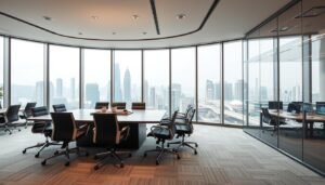 A modern office space in Kowloon, elegantly designed for business use, showcasing a spacious interior layout. In the foreground, a sleek conference table surrounded by ergonomic chairs, adorned with contemporary decor. The middle ground features well-organized workstations with large windows allowing natural light to flood in, highlighting the skyline of Hong Kong. The background reveals a view of the bustling city, with transportation networks visible, symbolizing connectivity. Soft, diffused lighting creates a professional atmosphere, while a wide-angle lens captures the entirety of the space. The mood is one of collaboration and productivity, emphasizing the importance of space evaluation for businesses commuting frequently between Hong Kong Island and mainland China.