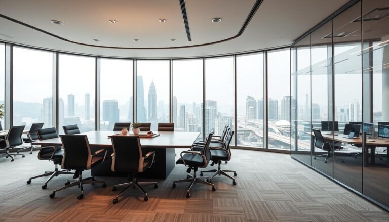 A modern office space in Kowloon, elegantly designed for business use, showcasing a spacious interior layout. In the foreground, a sleek conference table surrounded by ergonomic chairs, adorned with contemporary decor. The middle ground features well-organized workstations with large windows allowing natural light to flood in, highlighting the skyline of Hong Kong. The background reveals a view of the bustling city, with transportation networks visible, symbolizing connectivity. Soft, diffused lighting creates a professional atmosphere, while a wide-angle lens captures the entirety of the space. The mood is one of collaboration and productivity, emphasizing the importance of space evaluation for businesses commuting frequently between Hong Kong Island and mainland China.