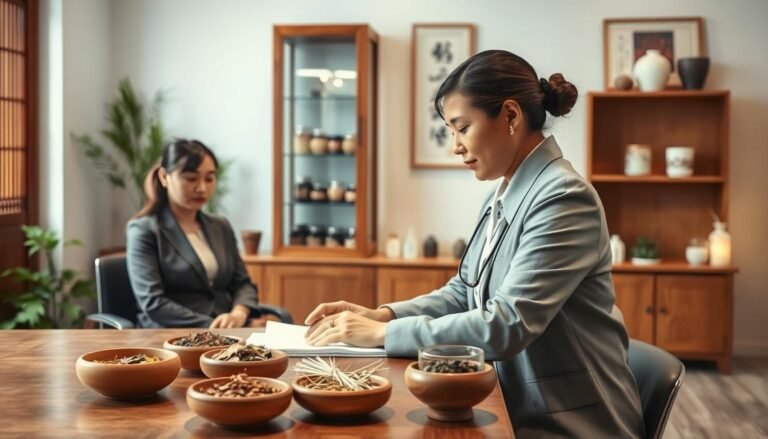 A serene Chinese medicine clinic setting focused on postpartum recovery, featuring a mother in modest, casual clothing calmly receiving traditional herbal treatment from a qualified practitioner, who is dressed in professional attire. In the foreground, ingredients like dried herbs and acupuncture needles are neatly displayed on a wooden table. The middle ground showcases an elegant wooden cabinet filled with jars of herbs, while soft lighting creates a warm, inviting atmosphere. The background features tranquil decorations, such as bamboo plants and traditional Chinese art, symbolizing healing and balance. The overall mood is supportive and nurturing, emphasizing the connection between traditional Chinese diagnostic methods and postpartum care, highlighting natural wellness.