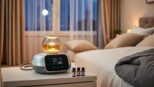 A modern sleep apnea machine placed on a sleek bedside table, showcasing an attached essential oil diffuser with aromatic vapors gently rising from it. In the foreground, the breathing machine's display is softly illuminated, displaying vital information. The diffuser is filled with vibrant essential oils, surrounded by elegant, minimalist design elements. In the middle ground, a serene bedroom ambiance is created with calming colors, textured cushions on a neatly made bed, and soft, diffused lighting that evokes a tranquil atmosphere. In the background, a window reveals a peaceful night scene with a hint of moonlight peeking through sheer curtains. The overall mood is soothing and peaceful, emphasizing the concept of relaxation and wellness.