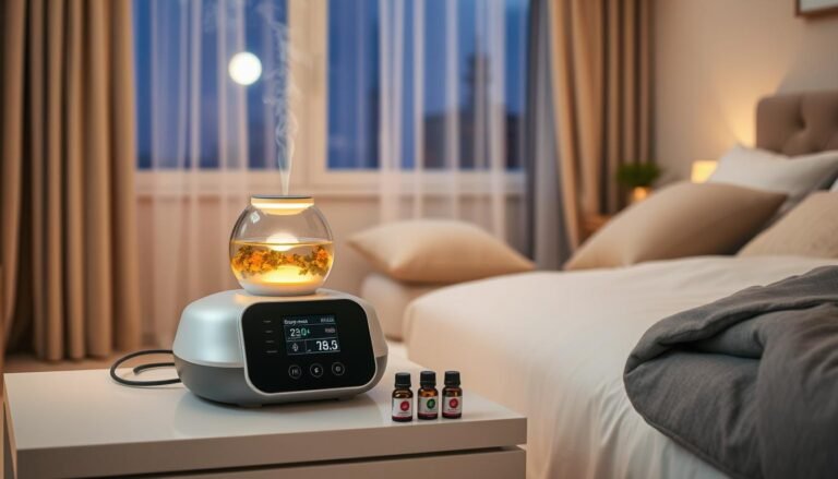 A modern sleep apnea machine placed on a sleek bedside table, showcasing an attached essential oil diffuser with aromatic vapors gently rising from it. In the foreground, the breathing machine's display is softly illuminated, displaying vital information. The diffuser is filled with vibrant essential oils, surrounded by elegant, minimalist design elements. In the middle ground, a serene bedroom ambiance is created with calming colors, textured cushions on a neatly made bed, and soft, diffused lighting that evokes a tranquil atmosphere. In the background, a window reveals a peaceful night scene with a hint of moonlight peeking through sheer curtains. The overall mood is soothing and peaceful, emphasizing the concept of relaxation and wellness.