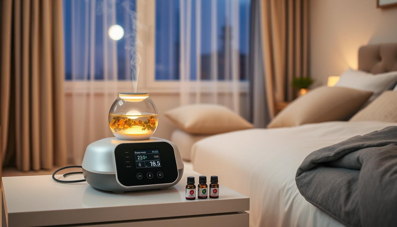 A modern sleep apnea machine placed on a sleek bedside table, showcasing an attached essential oil diffuser with aromatic vapors gently rising from it. In the foreground, the breathing machine's display is softly illuminated, displaying vital information. The diffuser is filled with vibrant essential oils, surrounded by elegant, minimalist design elements. In the middle ground, a serene bedroom ambiance is created with calming colors, textured cushions on a neatly made bed, and soft, diffused lighting that evokes a tranquil atmosphere. In the background, a window reveals a peaceful night scene with a hint of moonlight peeking through sheer curtains. The overall mood is soothing and peaceful, emphasizing the concept of relaxation and wellness.